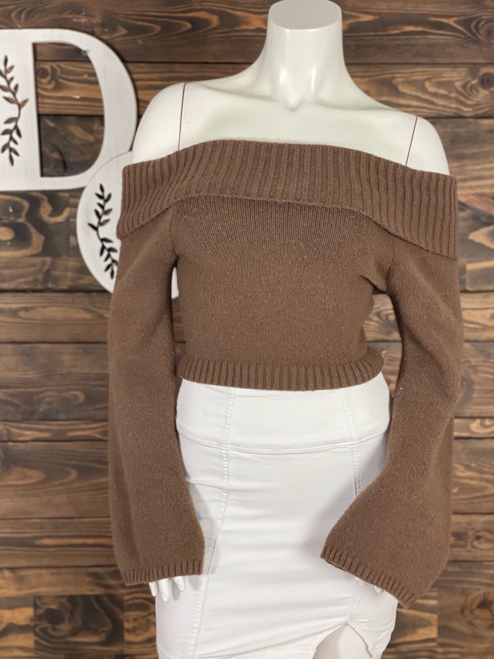 SHEIN | Moosta Off-Shoulder Brown Roll Top Chunky Ribbed Knit Cropped Sweater